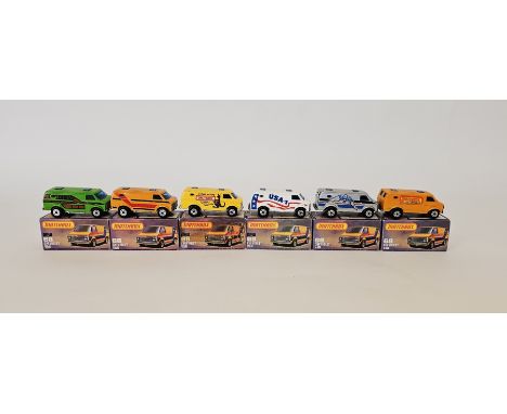Six boxed Matchbox Superfast 75 series diecast model cars&nbsp;No.68 Chevrolet Van&nbsp;&nbsp;to include one in white marked 