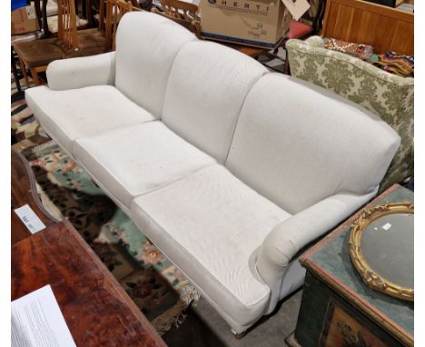 Large three-seater sofa originally retained by Sofa.com, upholstered in cream herringbone fabric and raised on eight pale oak