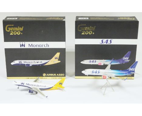 Two Gemini Jets - Gemini 200 1:200 scale die-cast aircraft model SAS Boeing 737-800, item no. G2SAS656 and Monarch Airbus A32