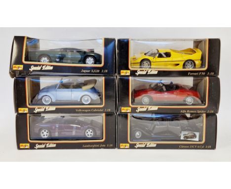 Six Maisto special edition boxed diecast cars, 1:18 scale including Ferrari F50, Citroen 15CV 6Cyl, Alfa Romeo spider, Volksw