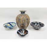 Robert Goldsmith bowl with blue ground, white, gold and black decoration, two other studio ceramic