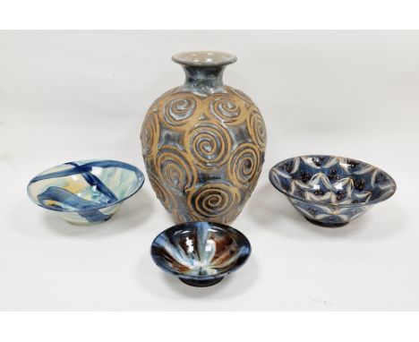 Robert Goldsmith bowl&nbsp;with blue ground, white, gold and black decoration, two other studio ceramic bowls and a&nbsp;stud