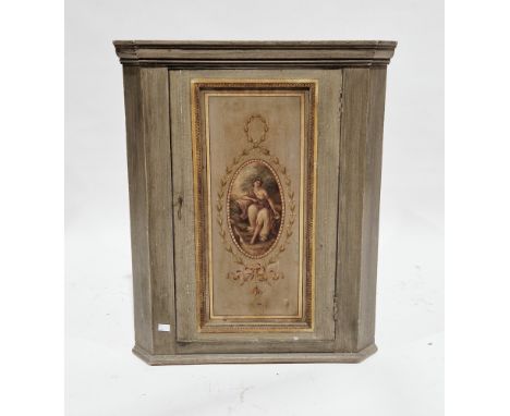 19th century-style green painted wooden hanging corner cabinet, the single panel door decorated with a classical scene and op