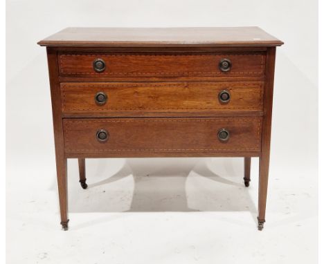 Edwardian mahogany satinwood and ebony string inlaid chest of three long graduating drawers with metal drop ring handles and 