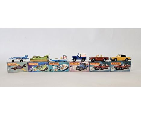 Six boxed Matchbox Superfast 75 series diecast model cars to include No.2 S-2 Jet, No.2 Rescue Hovercraft, No.5 Seafire, No.5