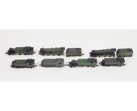 Seven Graham Farish by Bachmann N gauge locomotives all loose to include three green G.W.R locomotives, two green G.W.R. 3114