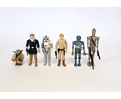 Six Vintage 1980 L.F.L Hong Kong Star Wars Action Figures to include Yoda with walking stick and snake, Han Solo (Hoth Battle