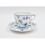 Royal Copenhagen blue and white lace-pattern teacup and saucer, printed blue and green marks,