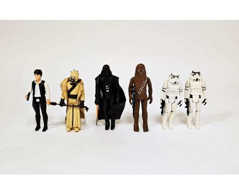 Six Vintage 1977&nbsp;&copy;GMFGI Star Wars Action Figures to include Tuscan Raider with weapon and cape, Darth Vader with ca