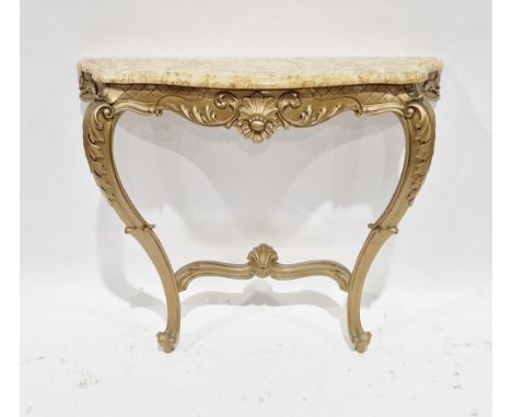 20th century gilt finished wall mounted console table in the rococo manner, with a shaped marble top, 86.5cm high x 99cm wide