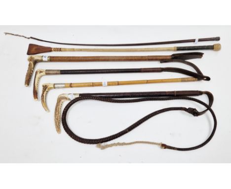 Collection of six hunting and riding crops&nbsp;including a 19th century Swain &amp; Co hunting crop with antler handle, silv