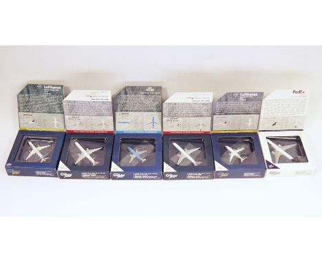 Six Gemini Jets 1:400 scale die-cast aircraft models FedEx Express Boeing 767-300F item no. GJFDX1348, KLM Boeing 737-300 ite