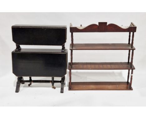 Late Victorian ebonised two-tier sutherland table, 74cm high x 58cm wide and a mahogany hanging three-tier shelf&nbsp;support