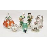 Continental porcelain figure of lady in crinoline dress holding dog, gold anchor mark, pair