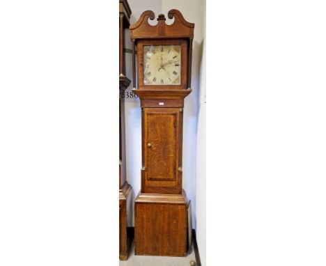 18th century 30-hour longcase clock&nbsp;with 12" painted square dial decorated with roses, roman numerals, arched calendar a