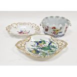 Continental porcelain cache-pot, oval and with wavy rim, floral spray decoration, two-handled,