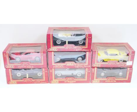 Seven Mira ' Golden Line collection ' boxed diecast cars, 1:18 scale including Ferrari 512 TR, Ferrari 348, Ford Mustang, 3 x