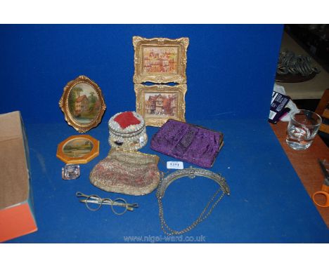 A shell carved trinket box, two ladies fabric evening Bags, spectacle frames, white metal handbag clasp, etc