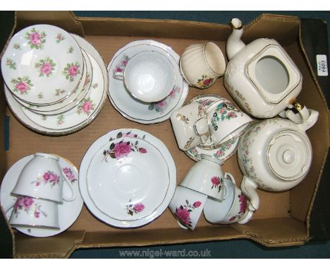A box of mixed Teaware including Teapots, cups and saucers (pink rose pattern)