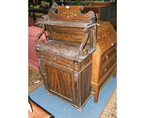 An interesting 19th c. painted Pine Cabinet, having fret-cut shaped gallery back with painted motif, on scroll cut supports, 