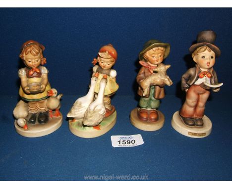 Four Hummel/Goebel figures including Be Patient, Street Singer, Goose Girl and Lost Sheep