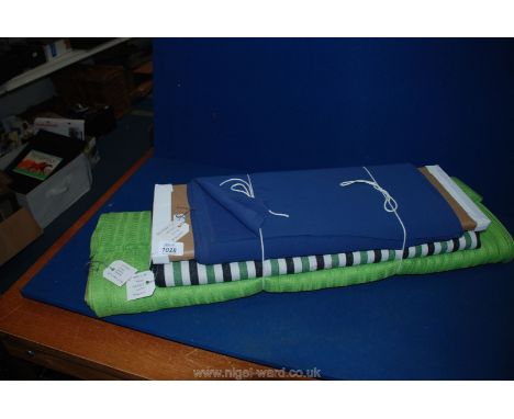 Three Bales of vintage Fabric - Blue Crepe 30" x approx., 6 yds, Multi-Striped Cotton 44" x approx.  2 3/4 yds. and Lime Gree