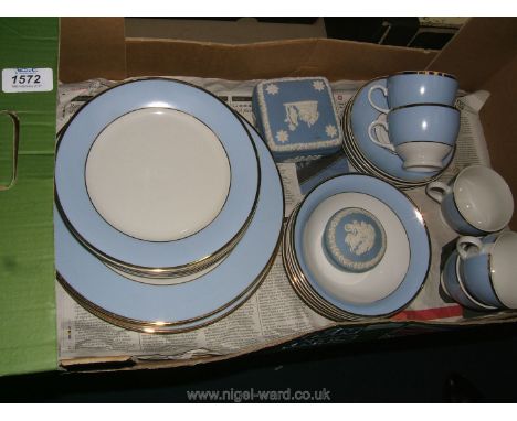 A Royal Doulton five place setting blue banded part Teaset including cups, saucers and Plates with two items of Wedgwood Jasp