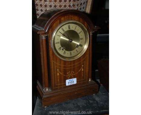 An Edwardian Mahogany Mantle Clock with two train movement and decorative inlay