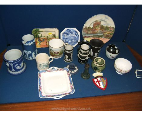 A quantity of china including Jasperware style Jug, Vase etc. Prinknash jugs, Wedgwood Pot stand, Doulton for William Whitele