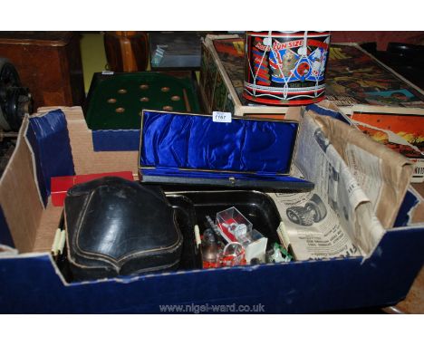 A quantity of miscellanea including two Lacquered Trays, Knife Openers, box of Dominoes, two old Cases (one a mug and spoon c