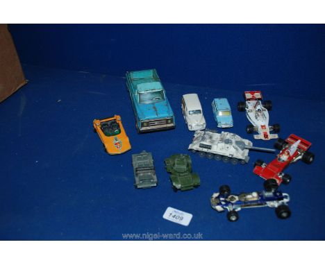 A small box of toy cars including racing cars, army tank, Corgi Morris traveller