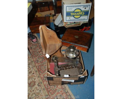 A Wooden Carved top Stool, Pine Corner Shelf Unit, 1940 Scrabble in original box, Wooden Writing Box (a/f), and a Chrome base