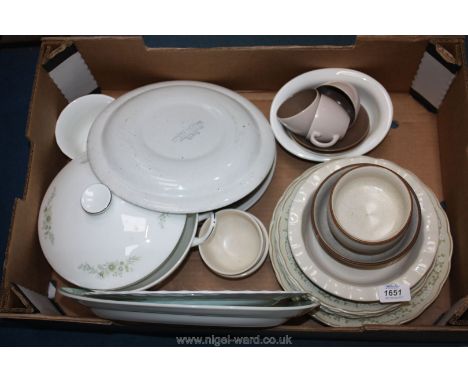 A large quantity of china including Royal Doulton 'Somerset' dinner and dessert plates, two Poole pottery coffee cups and sau