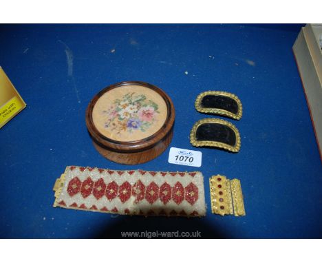 A pair of Georgian shoe Buckles and beadwork Bracelet along with a trinket Box with embroidered lid