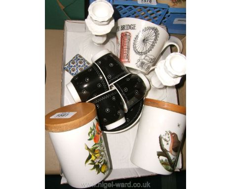Two Portmeirion Storage Jars, Susie Cooper coffee cups and saucers, Coalport Candlesticks, etc