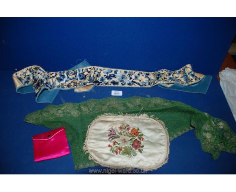 An oriental embroidered Kimono Sash, child's bonnet, green lace, etc.