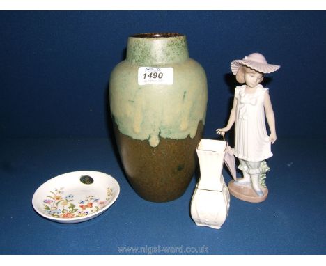 A German Pottery Vase, small Belleek Vase, Aynsley pin Dish and Nao figure of girl with umbrella