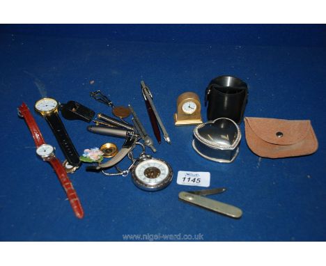 Miscellaneous pens, pocket watch, trinket pot etc