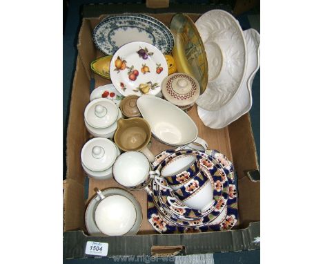 A box of china including blue floral patterned Teaset,  Royal Doulton Shylock Plate,  Royal Worcester Evesham Dish, Coleman's