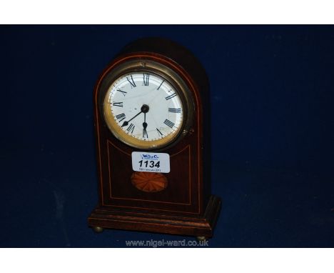 A small Edwardian Mahogany dome shaped Mantle Clock with decorative inlaid panel, the enamel face cracked