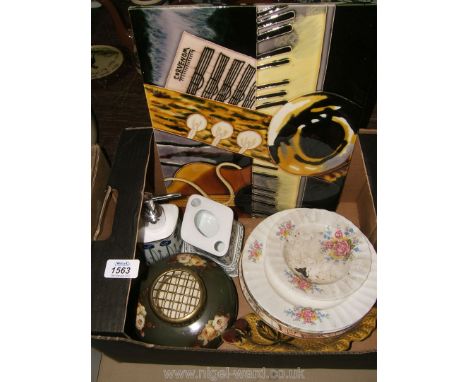 A quantity of china including two Royal Worcester display plates, tile, rose bowl with floral pattern, Leonardo bathroom set,