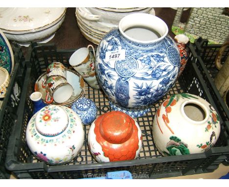 A quantity of Oriental China including blue and white Vase, two Ginger Jars and lids, Coffee Cups and saucers, etc.