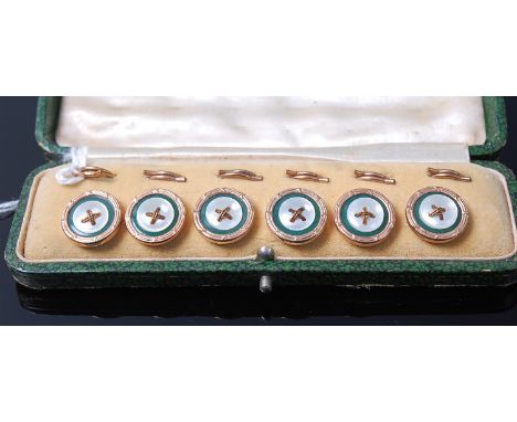 A cased set of 6 gilt metal dress buttons each with mother of pearl and enamel fronts, and 9ct gold edges, early 20th century