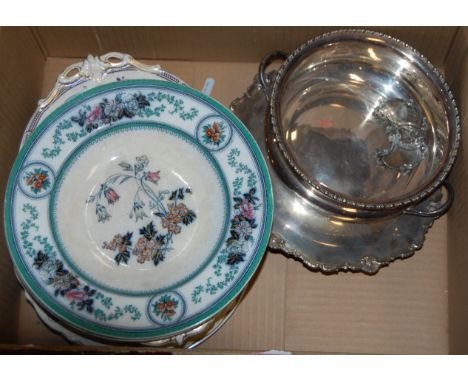 A box of miscellaneous items to include Victorian dinner wares, silver plated decanter collars, etc