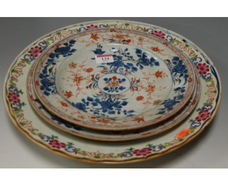 *A large 19th century Chinese blue & white charger having all over floral decoration with old rivet repairs, dia. 35cm, toget