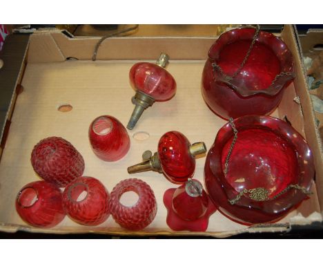 *A pair of early 20th century cranberry glass hanging ceiling light pendants, together with various Victorian and later cranb