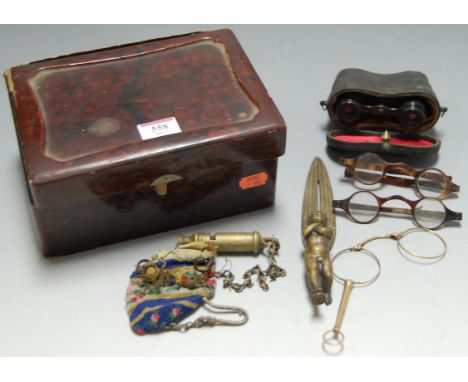 *A Chinese red lacquered box (a/f), and contents to include; yellow metal lorgnette (lacking lenses), Metropolitan Police whi