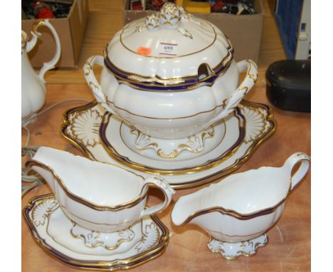 A Spode Chancellor pattern part dinner service to include tureen and cover, meat plate, sauce boats etc