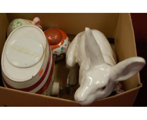 A Victorian ceramic spirit decanter for rum of barrel form together with a Japanese ginger jar and cover, and a large white g