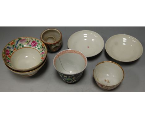 *A pair of Chinese porcelain bowls, of shaped form, enamel decorated with birds amongst foliage; together with various 18th c